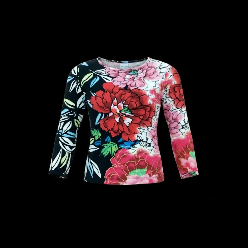 Chicos Women Size 0 Floral Long Sleeve Cotton Knit Top Multi Color Crew Neck
